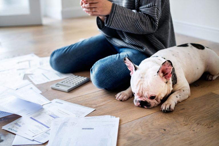Sorting out a pile of bills on the floor